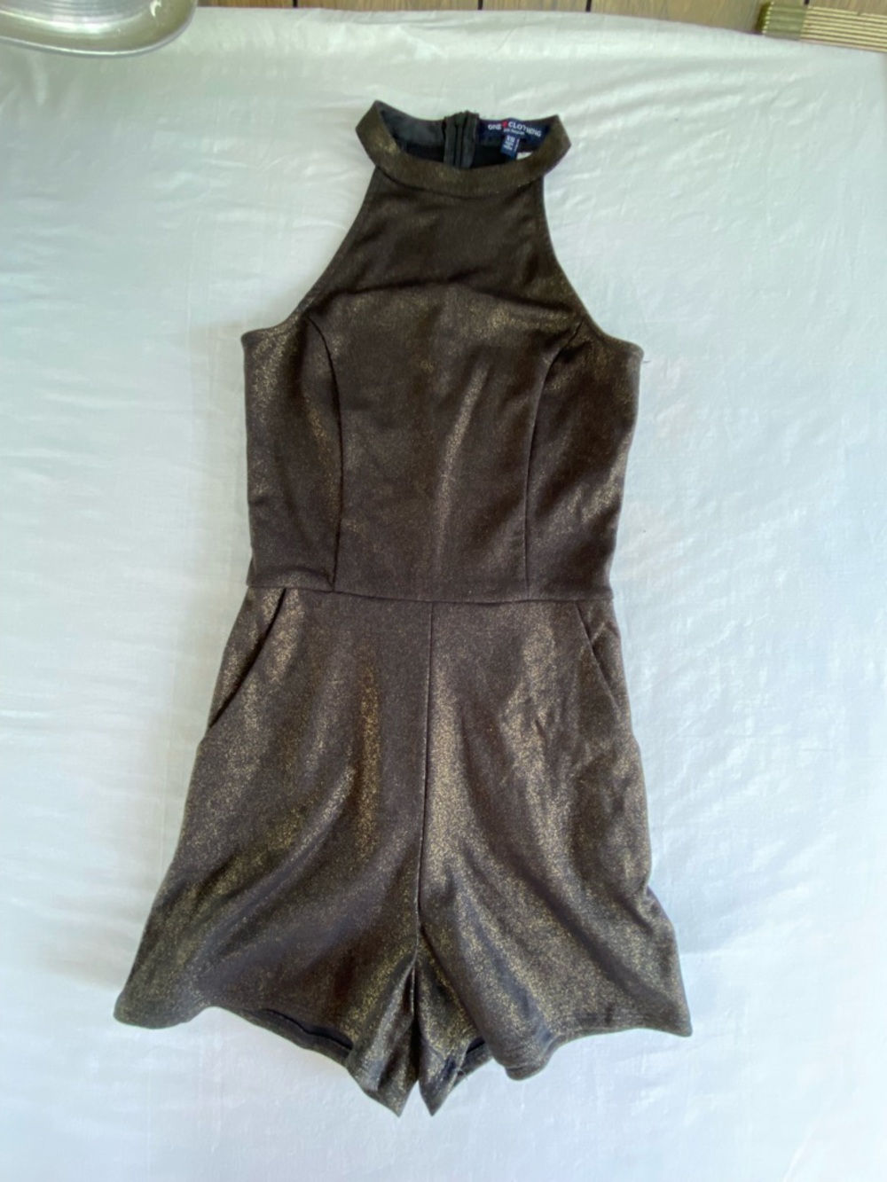 XS One Clothing Black/Gold metallic halter-neck Romper Shorts